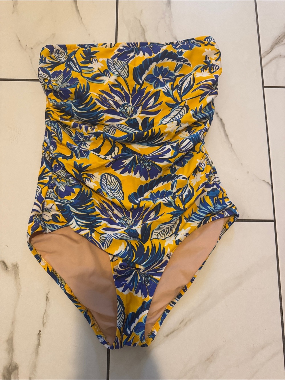 J. Crew Yellow Floral One-Piece Swimsuit with Blue Accents